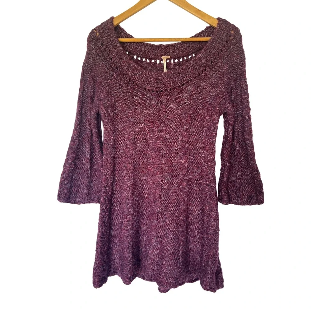 Free People Purple Cable Knit Wool Blend Boho Fairy Bell Sleeve Tunic Sweater XS